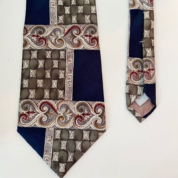 Vintage Pierre Cardin Silk Tie Black + Gray w/ Checked, Scroll + Greek Key - Picture 3 of 3